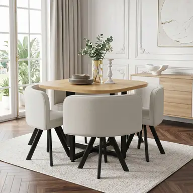 Eetkamermeubelset voor 4 personen, bestaande uit een eettafel en vier stoelen met beklede zitting van linnen, beige