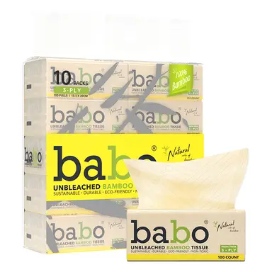 BABO Ziehtücher in Plastikpackung aus ungebleichter Bambusfaser EU-Norm, 3 Lagen 133×200mm 100 Blatt/Pack, 10 Pack/Bund, ohne Bleiche & Fluoreszenzstoffe, nassfest ohne Fussel, doppelte Qualitätszertifizierung, für Babys und Haushalt geeignet
