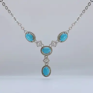 Turquoise and White Gem Rhodium Plated Pendant 45cm Necklace