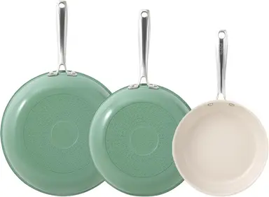 Redchef Gemstone Aluminum II series, lot de 3 poêles à frire en céramique, extérieur vert, intérieur beige
