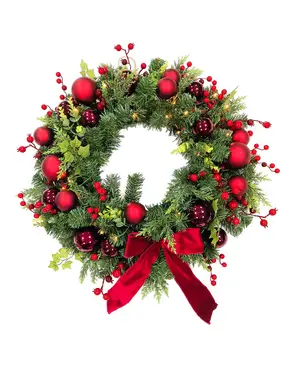 Daisy Darcy 66cm Luxury Pre-Lit Wreath with Velvet Bows and Red Baubles