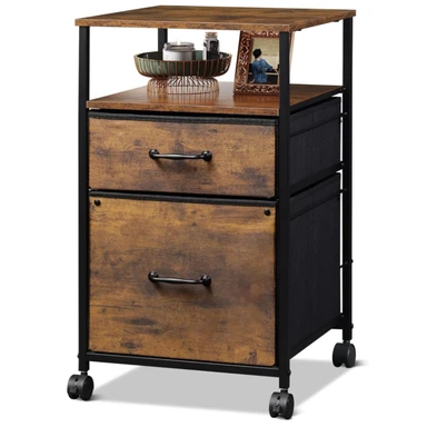 DEVAISE 2 Drawer Mobile File Cabinet, Filing Cabinet with Open Storage Shelf, Fabric Vertical Under Desk Drawers fit A4 or Letter Size, Rustic Brown