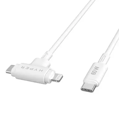 Hyper® HyperJuice Silicone USB-C to USB-C and Lightning Hybrid 60W Charging Cable - White
