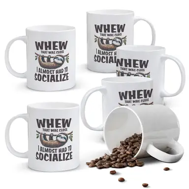 Alphynix 1pc 11oz White Mug with "WHEW THAT WAS CLOSE" Funny Sloth Quote About Avoiding Socializing, Relatable Christmas or Thanksgiving Gift