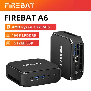 FIREBAT Mini PC AMD Ryzen 7 7735HS, AMD Radeon 680M, 16 Go de RAM, SSD 512 Go, deux emplacements M.2, triple moniteur, Wi‑Fi 6 
