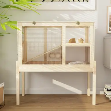 Caldion Mäusekäfig Hamsterkäfig Kleintierhaus mit 2 Ebenen, Mäuseschrank mit Treppen, 89 x 50 x 93 cm, aus Holz, mit Klappdeckel und Sichtfenster