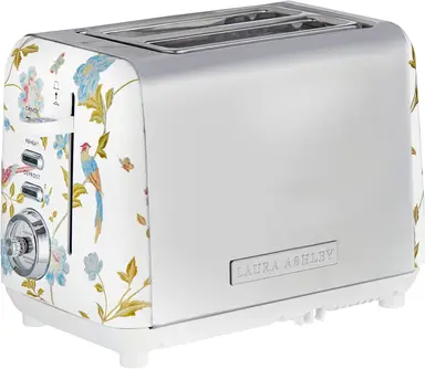 VQ Laura Ashley Retro 2 Slice Toaster, Warming Rack, Wide Slots, Hand-Applied Elveden White Print, Vintage, Stainless Steel, Floral - VQSBT582WSUK
