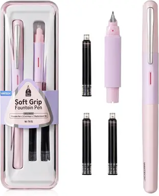 WRITECH Soft Grip Fountain Pen Fine Nib Black Ink Pen with 3 Ink Cartridges and 1 Replacement Nib Set (Pink)