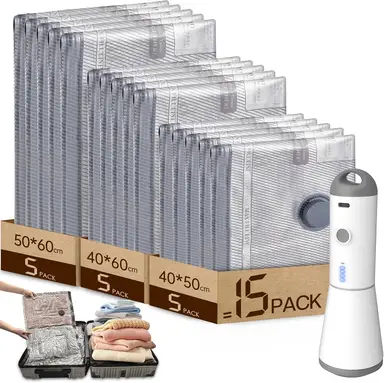 HOMOH Vacuum Bags for Clothes with Wireless Vacuum Pump, Pack of 15 (5 x 40 x 50 cm, 5 x 40 x 60 cm, 5 x 50 x 60 cm), Reusable Vacuum Bags for Travel, Duvets, Moving, Bed Linen