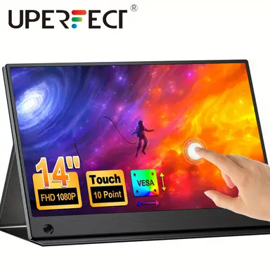 PERFECT Tragbarer Monitor 14 Zoll, 60 Hz, Touchscreen, 100% sRGB, mit VESA und Standfuss, 180° verstellbar, ultraflach & leicht, Reise- und Zweitmonitor für Laptop