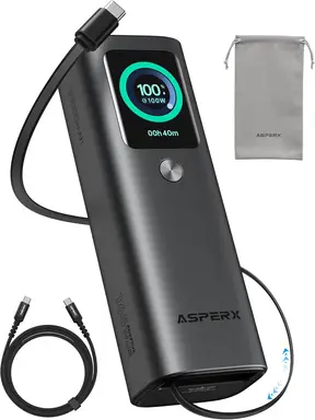 AsperX Laptop Power Bank, 165W 20,000mAh, Retractable Cables, Aluminum Alloy Unibody Portable Charger Power Bank, Battery Bank for MacBook Pro/Air/iPhone 17/iPad Pro/S25 Ultra/Dell/HP(TSA-Approved)