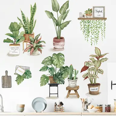 Tropical Vine Plant Potted Stickers with Butterfly & Flower Designs - Ideal for Living Room, Bedroom & Office,Green potted plants