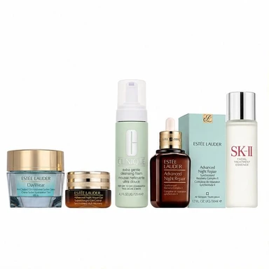 【Sommer-Angebot: 43% sparen】Sommer-Hautpflege-Essentials-Set – Clinique Extra Gentle Cleansing Foam, SK-II Facial Treatment Essence, Estée Lauder Advanced Night Repair Serum & Gel Eye Cream, DayWear Sorbet SPF15 Cream | 5-teiliges Feuchtigkeits- & Reparatur-Hautpflege-Bundle