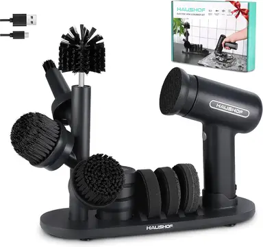 HAUSHOF Electric Cleaning Brush / Battery Cleaning Brush with Stand, LCD Display, 3-Speed Settings, Rotating Brush Cleaner, Includes 7 Brush Heads and 1 Knife Sharpener, for Bathroom, Kitchen, Tiles, Toilet