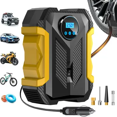 Carsun 150PSI 12V Inflator: Digital Display, LED Light, Smart Tire Pressure, 3M Cord—for cars, bikes, balls.
