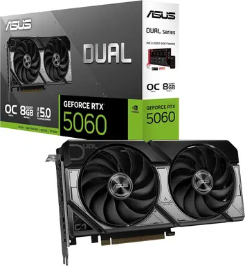 ASUS Dual GeForce RTX 5060 8GB GDDR7 OC Edition (PCIe 5.0, 8GB GDDR7, DLSS 4, HDMI 2.1b, DisplayPort 2.1b, 2,5-Slot-Design, Axial-Tech-Lüfterdesign, 0dB-Technologie)