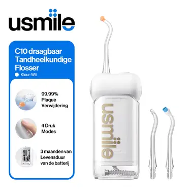 usmile C10 Draagbare Waterflosser, Reisvriendelijk, 95 Dagen Batterijduur, 4 Modussen, 360° Mondstuk, 180ml Reservoir, IPX7 Waterdicht, Aanbevolen door Tandartsen voor Beugels, Implantaten en Gevoeligheid