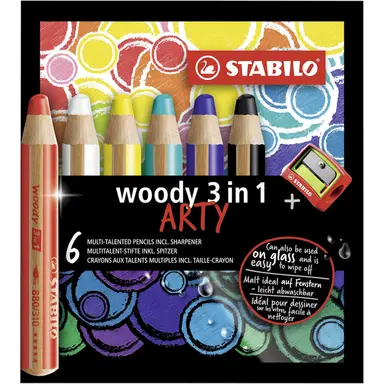 STABILO Woody 3 in 1 - Multi-Talented Pencil - ARTY - Pack of 6 - Assorted Colours with Sharpener