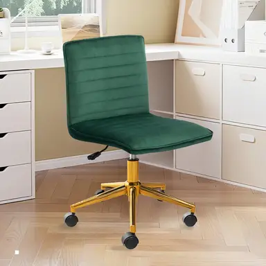Hellove Schminktischstuhl mit Rollen, Samt-Drehsessel, Höhe verstellbar mit goldenem Metallfuß, armloser Schminktischstuhl, Hocker mit Rückenlehne für Schlafzimmer, Ankleidezimmer, Grün