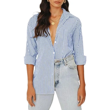 Women's Blouses Striped Long Sleeve Shirts Button Down Loose fit Casual Tops (blue， S)