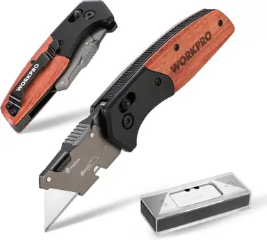 WORKPRO Folding Knife with Wooden Handle & Sliding Lock, Foldable Utility Knife Carpet Knife Quick Change Cutter Knife with Belt Clip, Includes 10 SK5 Replacement Blades