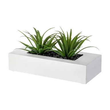 MyGift 25 cm künstliche Gras-Pflanze in weißem rechteckigem Holzpflanzgefäß, Schreibtischdekoration Kunstpflanze