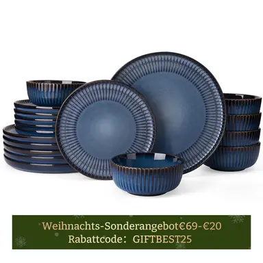 [Rabattcode: GIFTBEST25 €69-€20]  Richmount Starlight 18-tlg. Geschirrset mit Texturglasur für 6 Personen， Nebelblau， Alltags-Eleganz