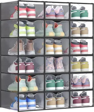 SONGMICS Schuhboxen, Schuh-Organizer aus Kunststoff, mit Tür, durchsichtig, 18er Set, stapelbar, einfache Montage, 33,2 x 23 x 14,5 cm, für Schuhe bis Größe 43, transparent-tintenschwarz LSP318B01
