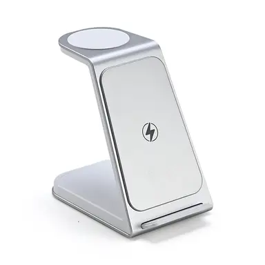 Rexsun 3 in 1 Wireless Charger, 22W Fast Charging Station Desktop Wireless Charging, Aluminum Alloy, Phone and Watch Charger Stand for iPhone Air/17/16/15/14/13/12/11/Pro Max/X/8, Apple Watch, Adapter Not Included, T6, Silver