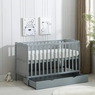 mcc direct Grey Wooden Baby Cot Bed & Rollaway Drawer & Aloe Vera Water Repellent Mattress (Orlando Drawer)