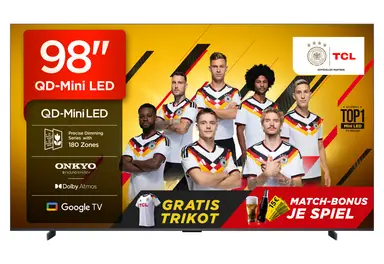 TCL 98Q6C QD-Mini LED Fernseher, 98 Zoll, 4K HDR Premium, Dolby Vision IQ & Atmos, Onkyo 2.1 Sound, Google TV, Smart TV, Game Master, 144 Hz, FreeSync Premium Pro, HDMI 2.1, AirPlay 2, Alexa & Google Assistant