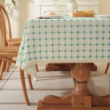 Rustic Embroidered Lattice Tablecloth Plaid Rectangle Table Cloth with Lace Trim Cotton Linen Dust-Proof Checkered Table Cover for Kitchen Dinning - 55"x90", Light Blue