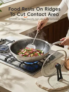 PURECOOK Non-stick Wok - No Teflon Wok, Non-stick Stainless Steel, Wok Pan with Lid, Less Smoke - Kitchen Essentials, Cooking, Frying - Compatible with Gas/Induction/Electric Heat, 32 cm with lid