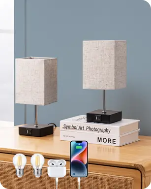 EDISHINE LED Nachttischlampe Touch Dimmbar 2er Set, Tischlampe Modern, Kleine Lampe, mit Ladefunktion, 2 USB Anschlüsse, für Schlafzimmer, Wohnzimmer, Fensterbank, Geschenk, Beige [Energieklasse F]