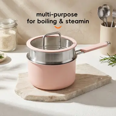 PURECOOK Colored Ceramic-Coated 316 Stainless Steel 2-Piece Milk Pot with Steamer Insert Series | 316 Milk Pot (Exterior: pink Ceramic Coating, Interior: 316 Stainless Steel), Stainless Steel Handle Wrapped in Silicone, Earless Steamer Insert, with Silicone Glass Lid