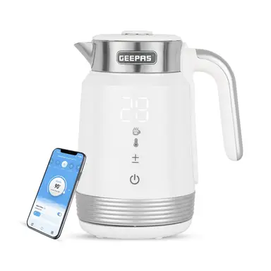 Geepas Digital Electric Kettle, 1.7L, Wifi Tuya Smart App, Alexa & Google Assistant, Variable Temperature, 2200W, White - GK38034-WT