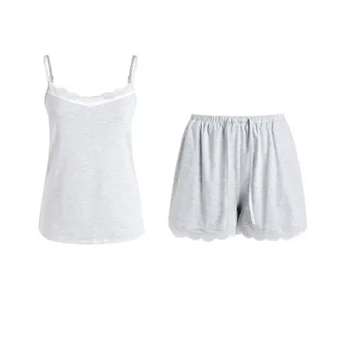 IZURIA white wide lace v-neck light grey knitted camisole and knitted shorts set  M