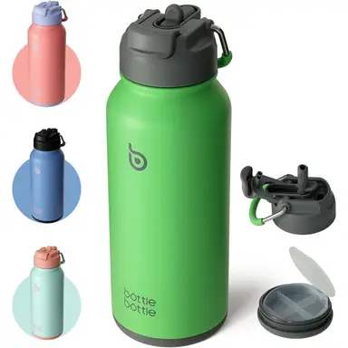Bottle Bottle Gourde de sport en acier inoxydable avec bouchon 2-en-1 à paille et compartiment à pilules 950 ml - forêt estivale