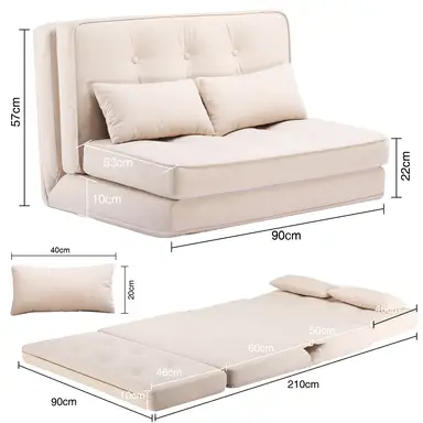 COMHOMA Klappsofa, 3-in-1 Schlafsofa mit 6-stufig verstellbarer Rückenlehne, Schlafsofa mit 2 Lendenkissen, geeignet für Wohnzimmer, Schlafzimmer und Camping, Beige
