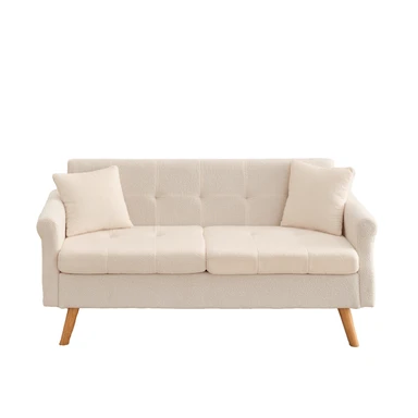 HONEYOU 164cm W Loveseat Sofa, Mid Century Modern Decor Love Seat Couches for Living Room, Button Tufted Upholstered Small Couch for Bedroom, Solid and Easy to Install Love Seats Furniture, Short-pile plush，Beige