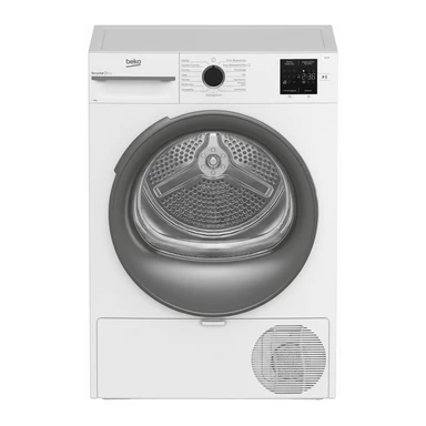 Beko BM3T38210W1 Wärmepumpentrockner mit NX Design, multifunktionales Display mit bis zu 24 Stunden Startverzögerung, voll elektronisch, elektronische Feuchtigkeitsmessung, Edelstahl-Trommel, 8 kg, Energieeffizienzklasse "E".
