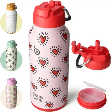 Bottle Bottle Gourde isotherme en acier inoxydable avec paille, couvercle à double usage et pilulier 947 ml - Cœur 