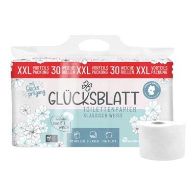 Glücksblatt Toilettenpapier, 3‑lagig, Weiß mit Prägung, 30 Rollen à 150 Blatt, Hergestellt in Deutschland.
