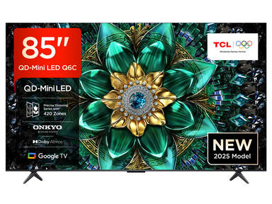 TCL 85Q6C QLED Mini LED Fernseher, 85 Zoll, 4K HDR Premium, Dolby Vision IQ & Atmos, Onkyo 2.1 Sound, Smart TV mit Google TV, Game master, 144Hz Motion Clarity Pro, AMD FreeSync Premium Pro, HDMI 2.1, AirPlay 2, Google Assistant & Alexa