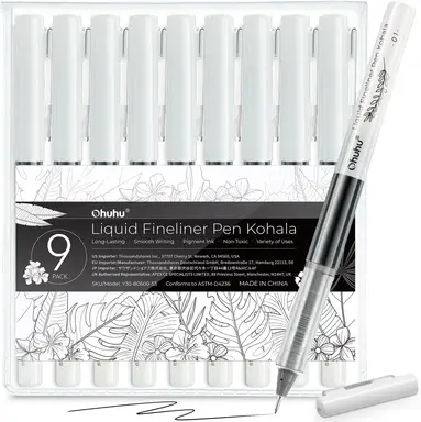 Ohuhu Kohala Liquid Fineliner Drawing Pens, Black, 9 Pack
