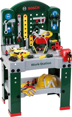 Theo Klein 8513 Bosch Workstation Workbench with Tools, Assembly Vehicle, and Various Accessories Worktop with Learning Function Dimensions: 61 cm x 44.5 cm x 101 cm Toy for Children Ages 3 and Up