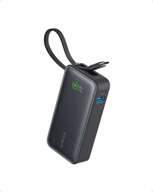 Anker Nano Power Bank, 10,000mAh Portable Charger 30W Output with Built-In USB-C Cable, Black 