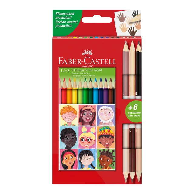 Faber-Castell Triangular Colour Pencil Set, 12 Colours + 3 Bi-Colour Skintone Pencils