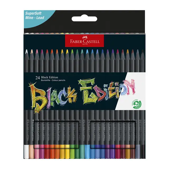 Faber-Castell Black Edition Colour Pencils, Assorted Colours, Box of 24 Ergonomic Triangular Shape 