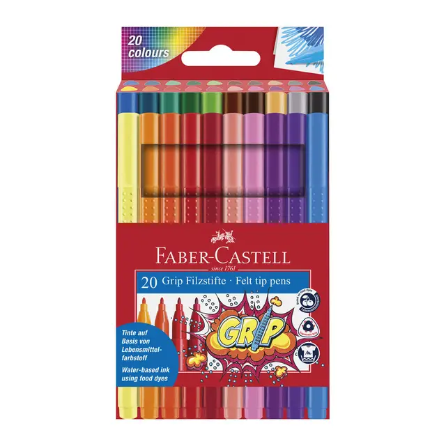 Faber-Castell Grip Felt-Tip Pen, Assorted Colours, Wallet of 20
